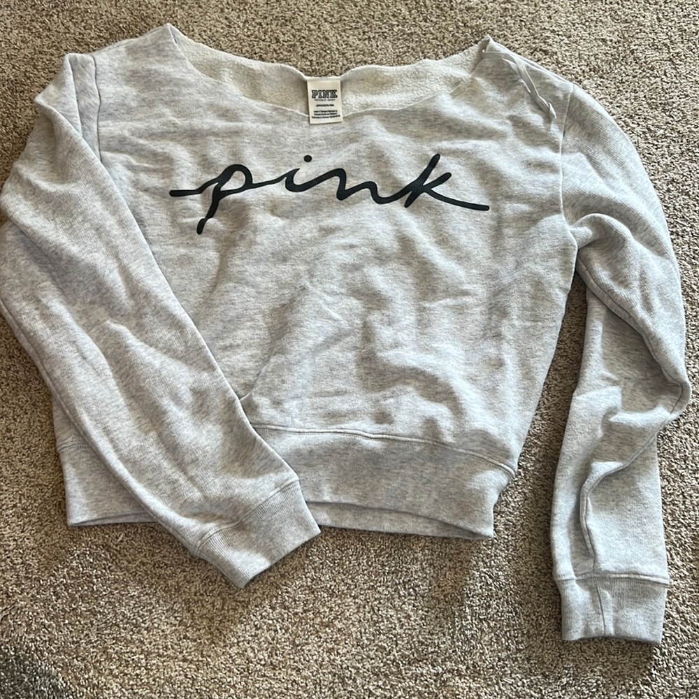PINK off the shoulder cropped hoodie. Grey with Pink logo. size Small.